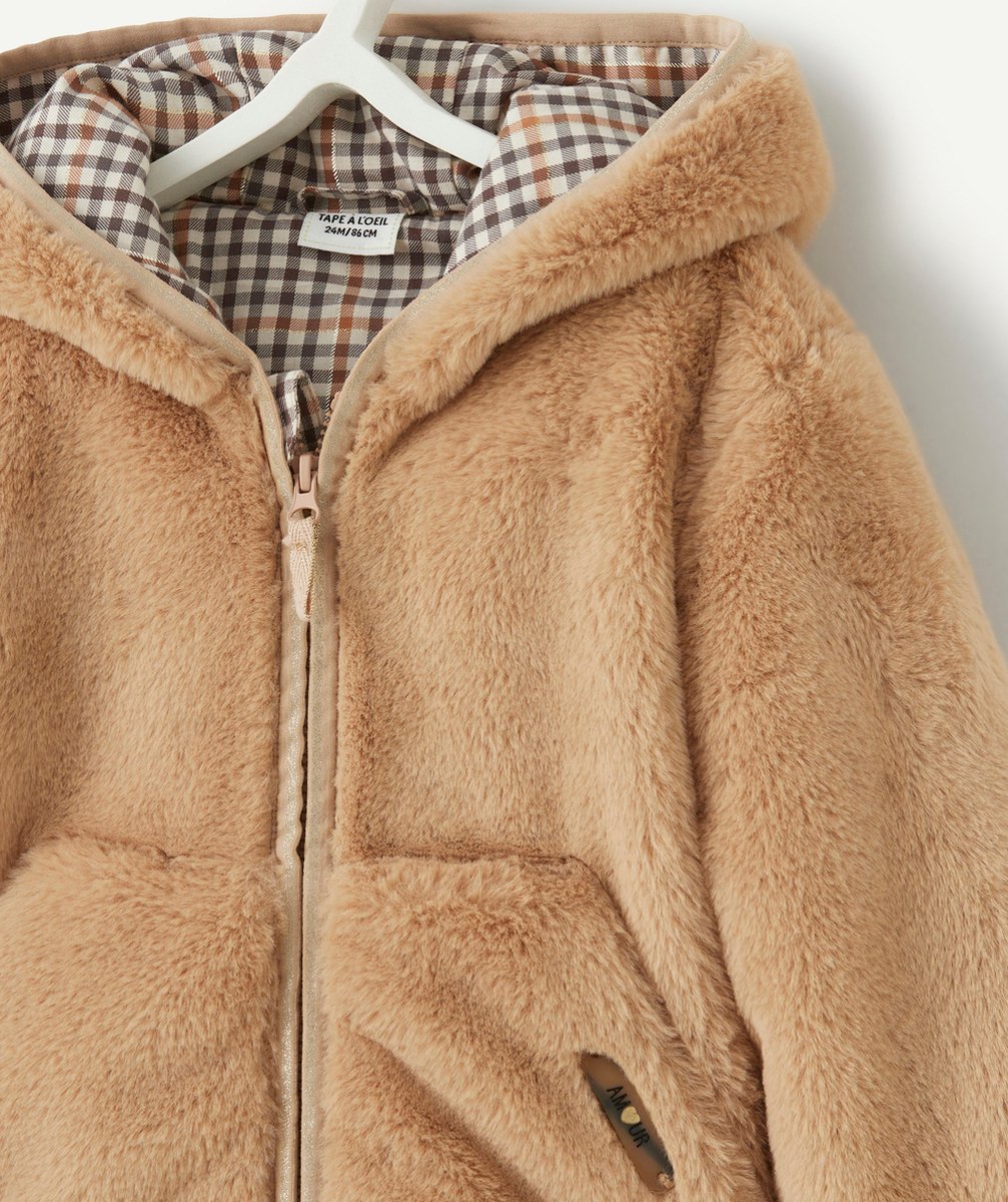 BLOUSON À CAPUCHE BÉBÉ FILLE IMITATION FOURRURE BEIGE