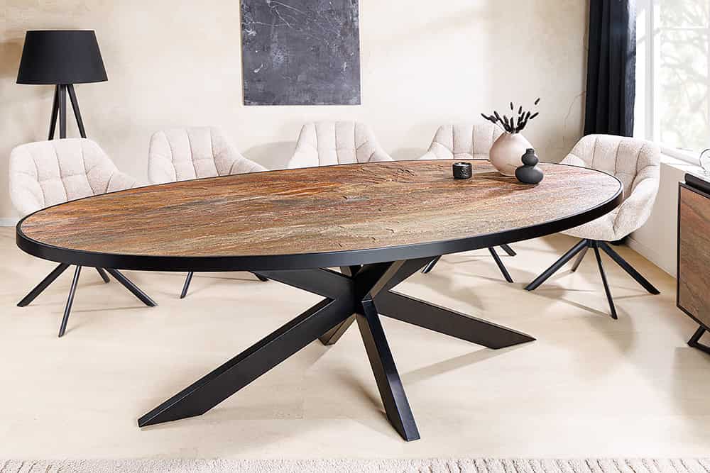 Massiver Esstisch MOUNTAIN SOUL 240cm rötlich grün schwarz oval Naturstein Eisen