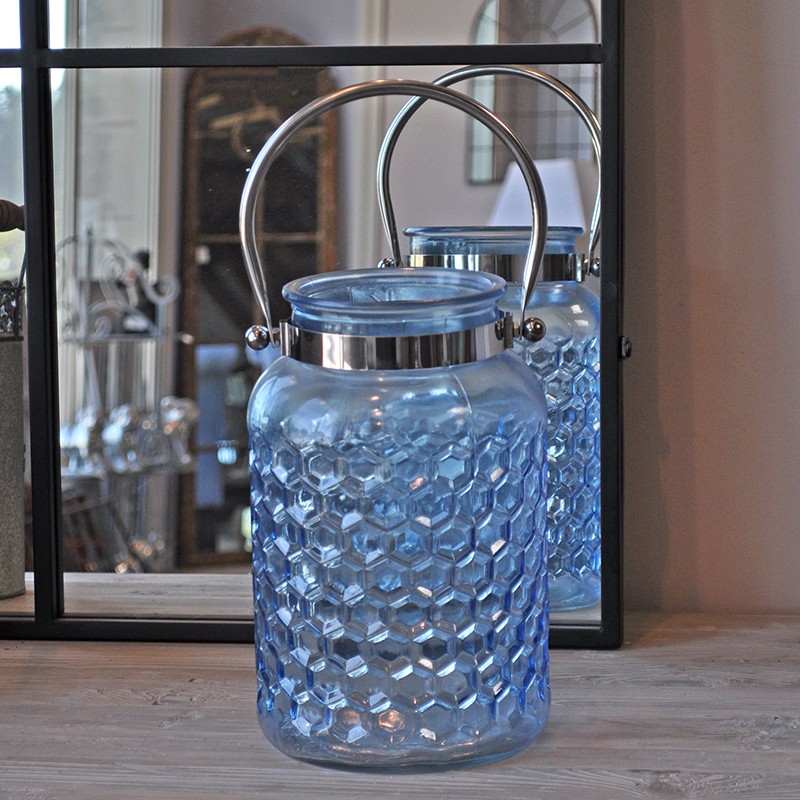 Grande lanterne verre bleu 29x18 cm