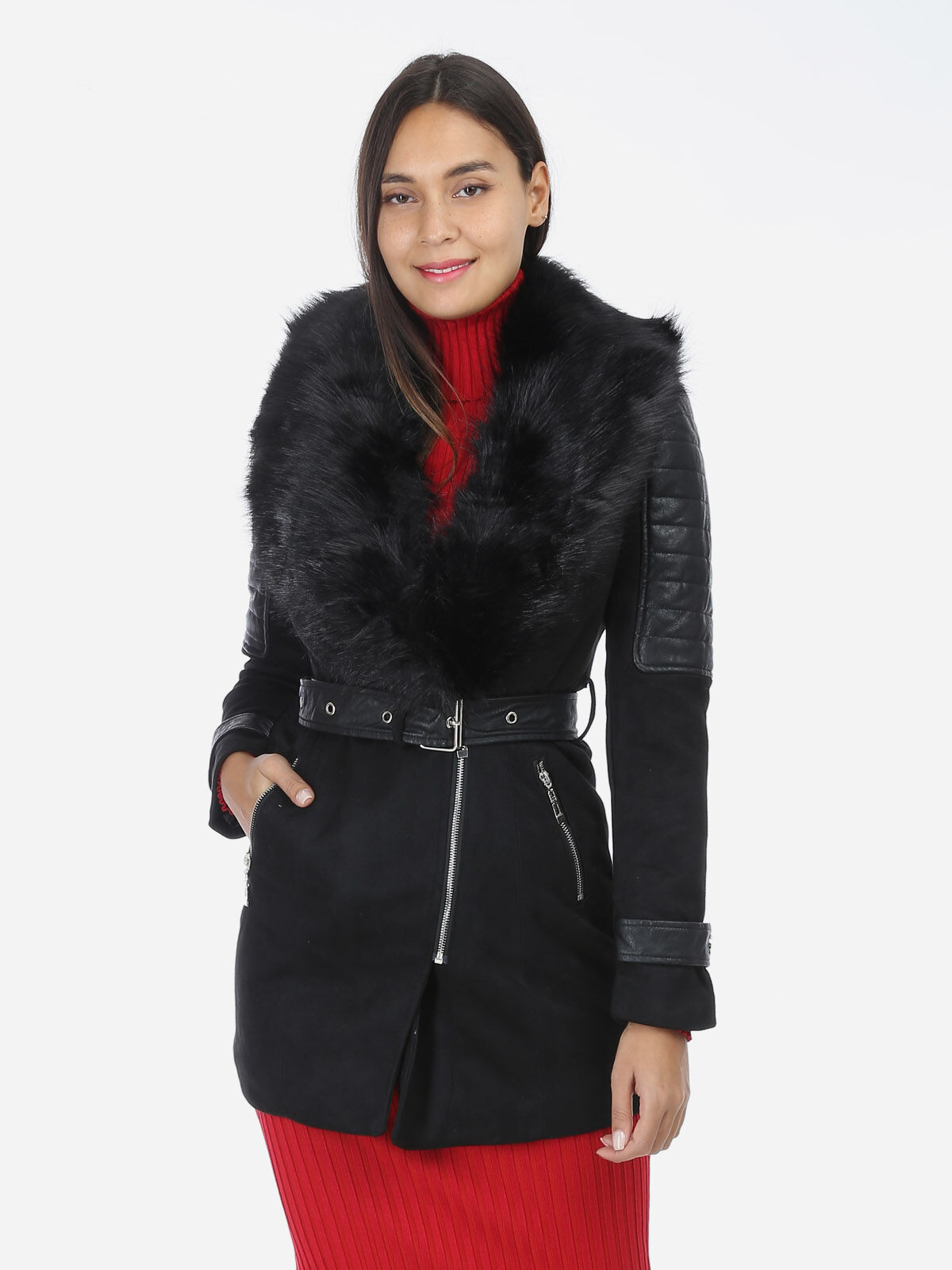 Manteau bi-matière à fausse fourrure- Noir