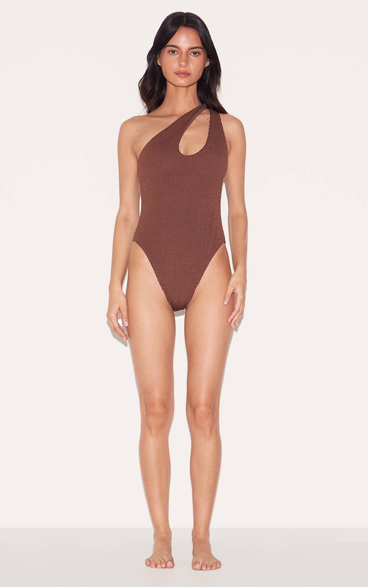 Marron Chocolat Maillot De Bain Une Épaule À Découpe Marron Chocolat Froissé