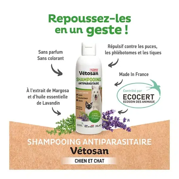 Shampoo antiparasitário Clément Thékan Vétosan para cães e gatos 200 ml