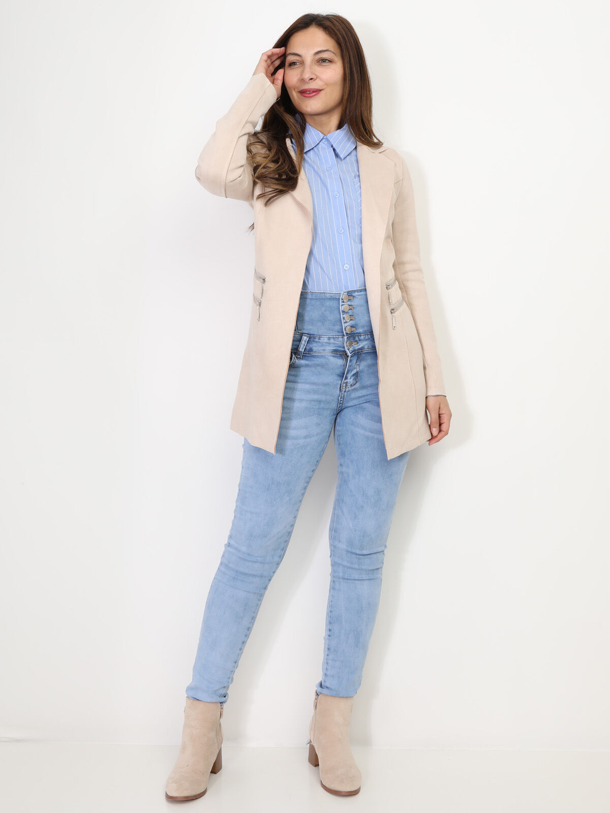 Veste longue en suédine à zips- Beige
