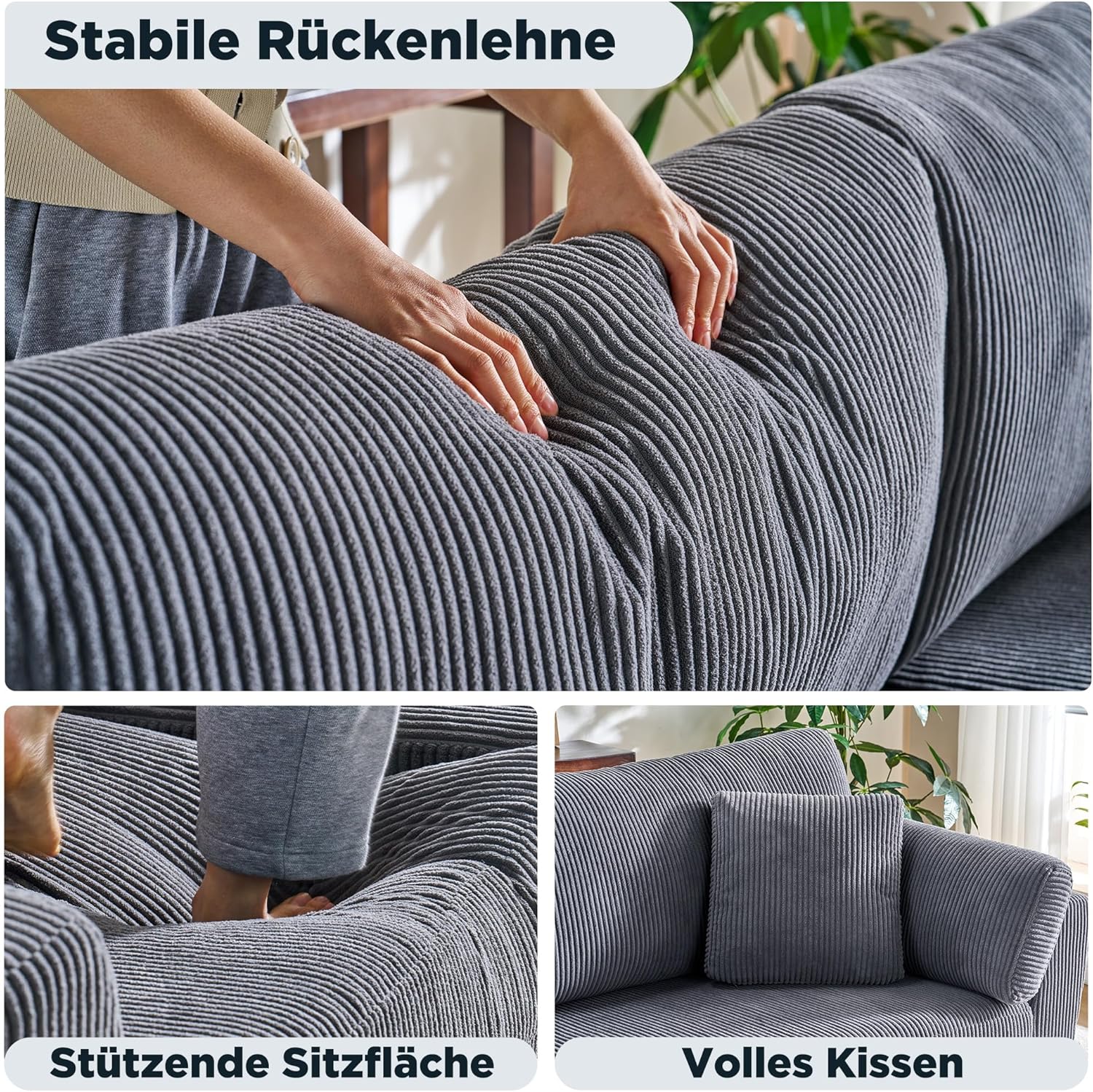 220 cm 3-Sitzer Big Sofa aus Cord, modernes Design mit hohen Beinen, ideal für Wohnzimmer oder Schlafzimmer, grau