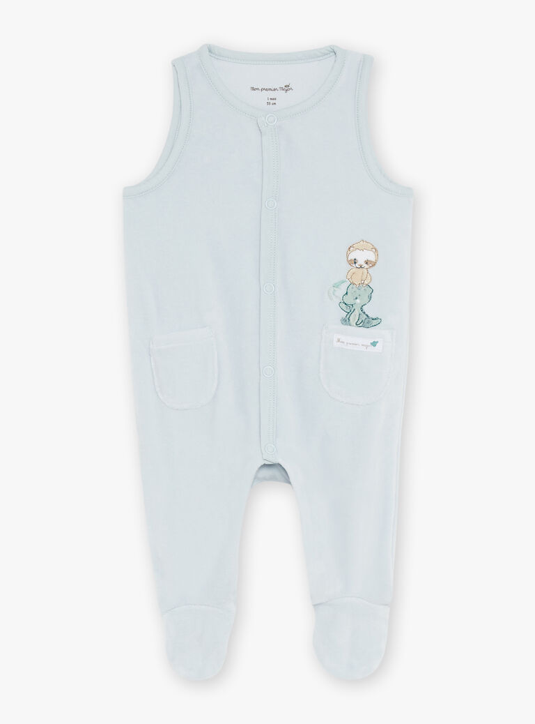 Ensemble grenouillère bleu ciel et gilet écru
