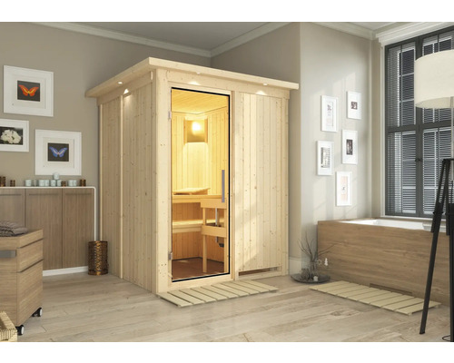 Elementsauna Karibu Achat I zonder oven, met dakkroon en volledig glazen deur van helder glas