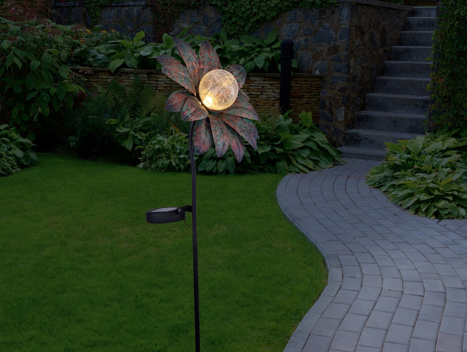 LED-Solar-Erdspieß - rostfarben-grün - Metall - Glas