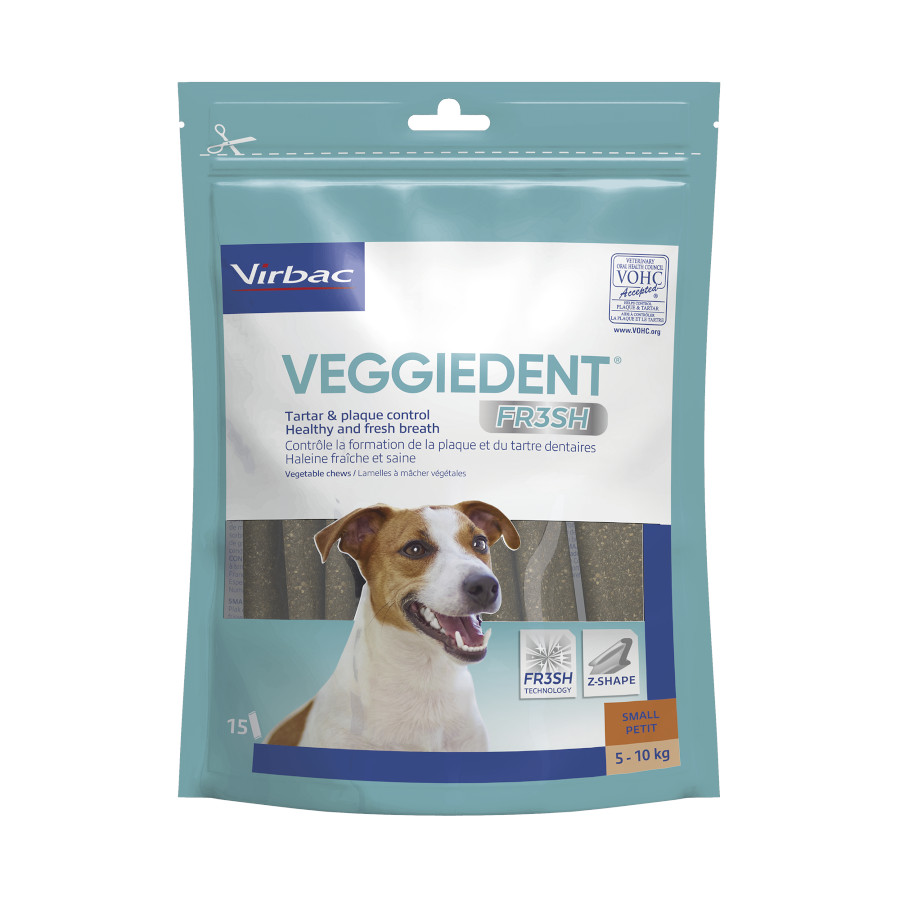 Petiscos dentais frescos Virbac Veggiedent para cães de raças pequenas.