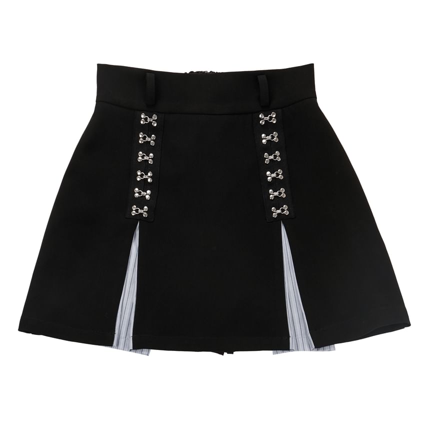 Florimi - Hoge taille gestreepte haak-en-oog mini A-lijn rok / Overhemd met lange mouwen en knoopsluiting / Naambadge accent, gesp en ritshoodie / Effen wijde broek / Stropdas / Set