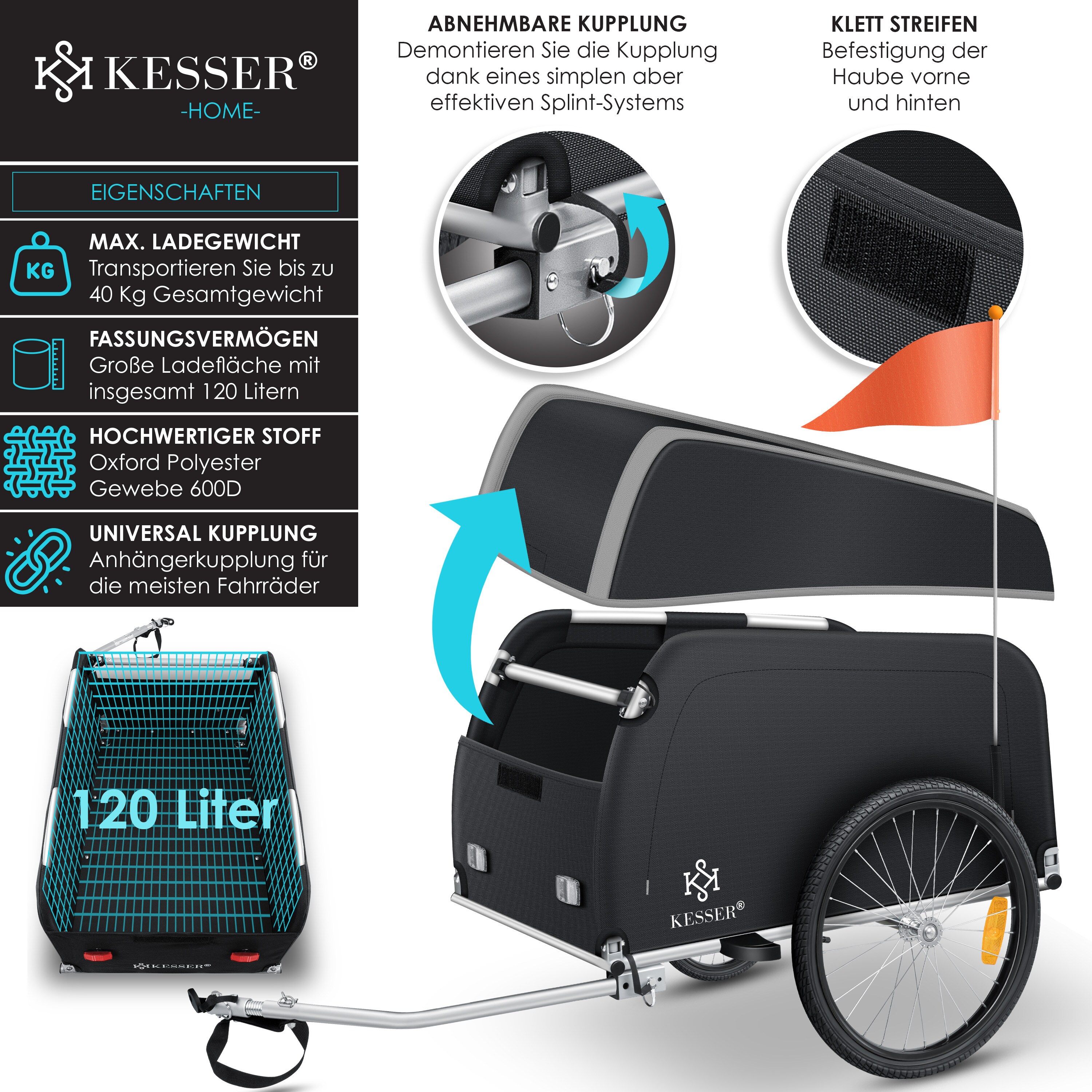 KESSER® Fahrradanhänger Lastenanhänger Transportanhänger Hochdeichsel mit Kupplung, Inkl. AbdeckungKlappfunktion Hochdeichsel Anhänge für Fahrrad Transportbox mit 120 Liter Max. 40 kg