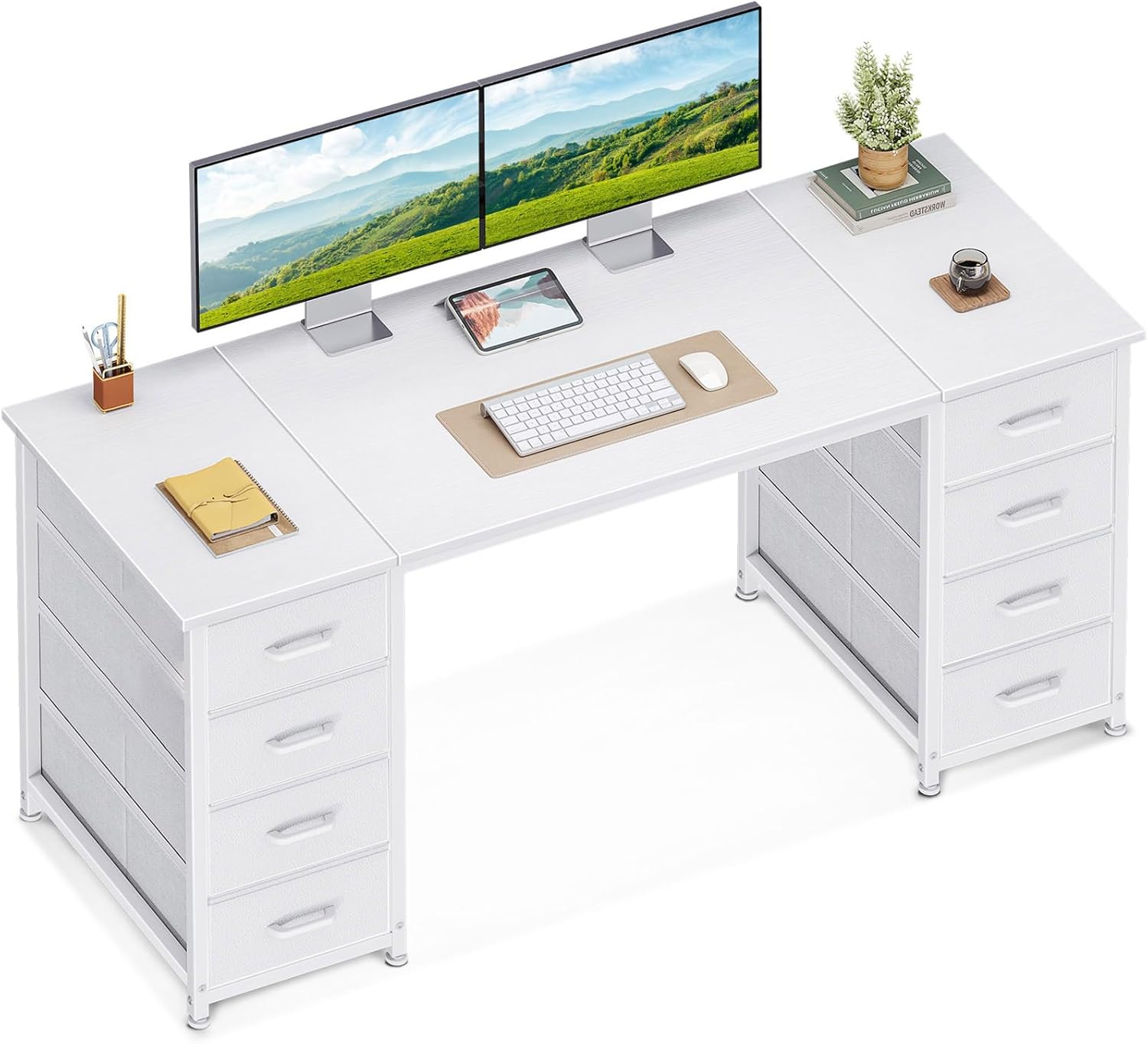 Coleshome Schreibtisch mit 8 Stoff Schubladen, 140x48cm Schreibtisch Weiß mit Stauraum Computertisch Vielseitig, Bürotisch PC Tisch Officetisch für Büro, Wohnzimmer, Home Office