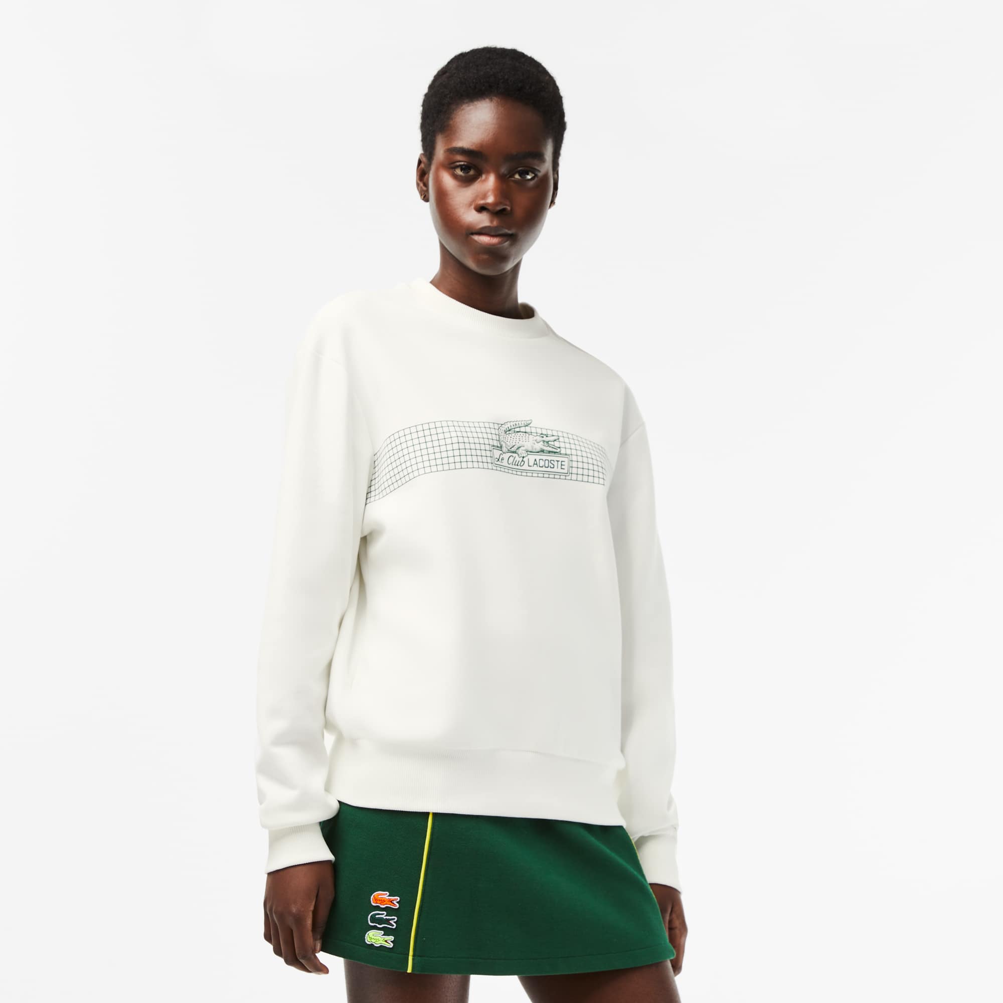 Sweatshirt col rond femme Lacoste imprimé filet de tennis Sweatshirts - Blanc - Lacoste - Femme