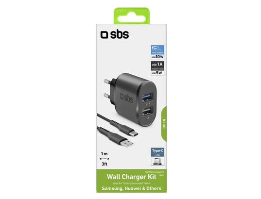 SBS - Chargeur secteur Kit voyage USB de recharge avec câble de type C