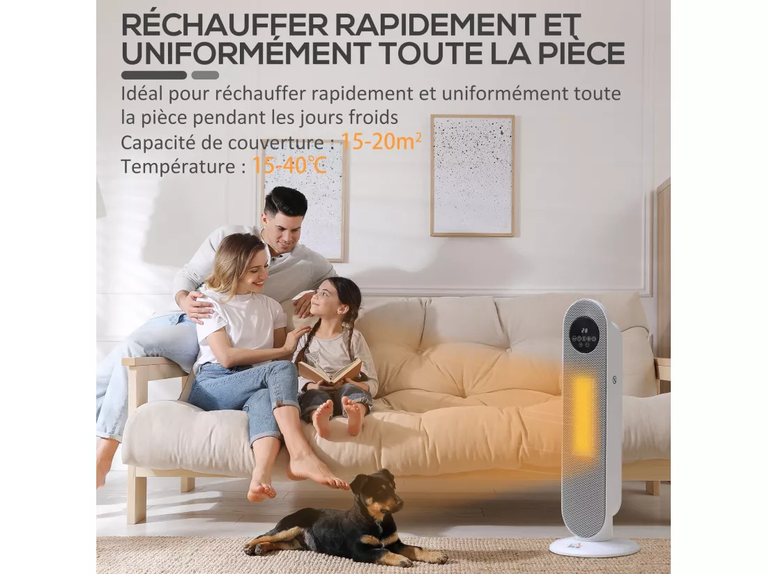 Chauffage soufflant oscillant 2000 W - radiateur céramique PTC - 2 niv. puissance - chauffage d'appoint avec télécommande blanc noir