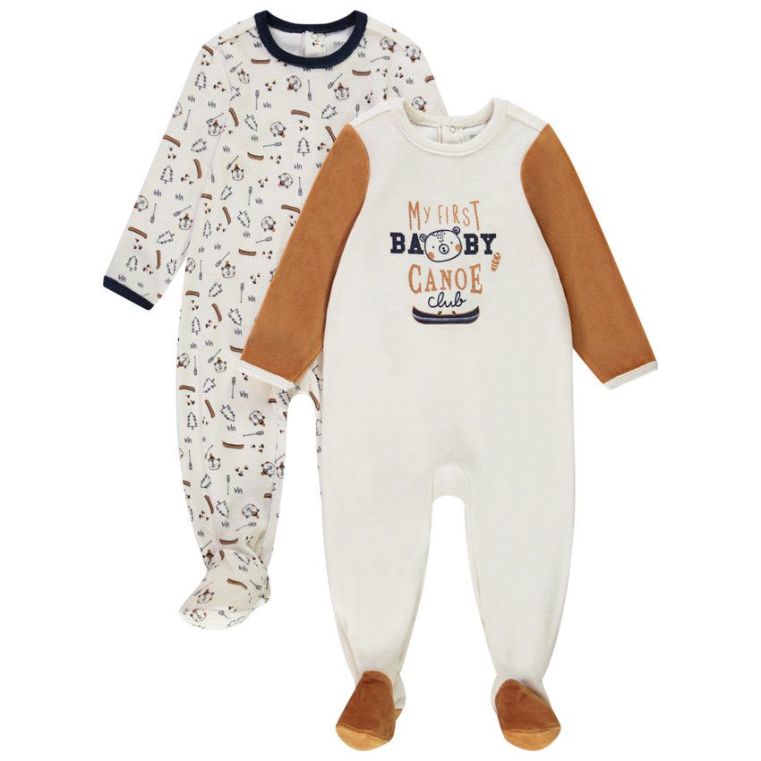 Lot de 2 dors-bien en velours print ourson pour bébé garçon - Ecru