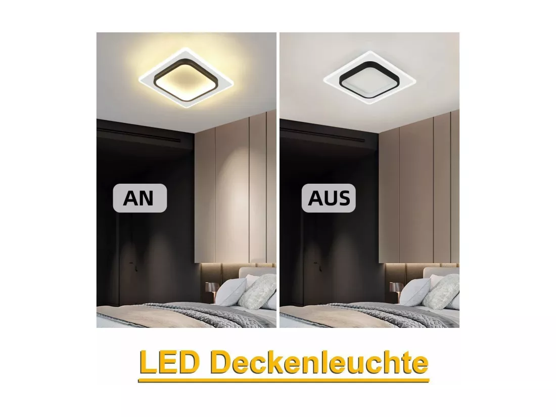 NETTLIFE Lampe plafond LED chambre, noir, 16W, acryl, lumière chaude, design moderne