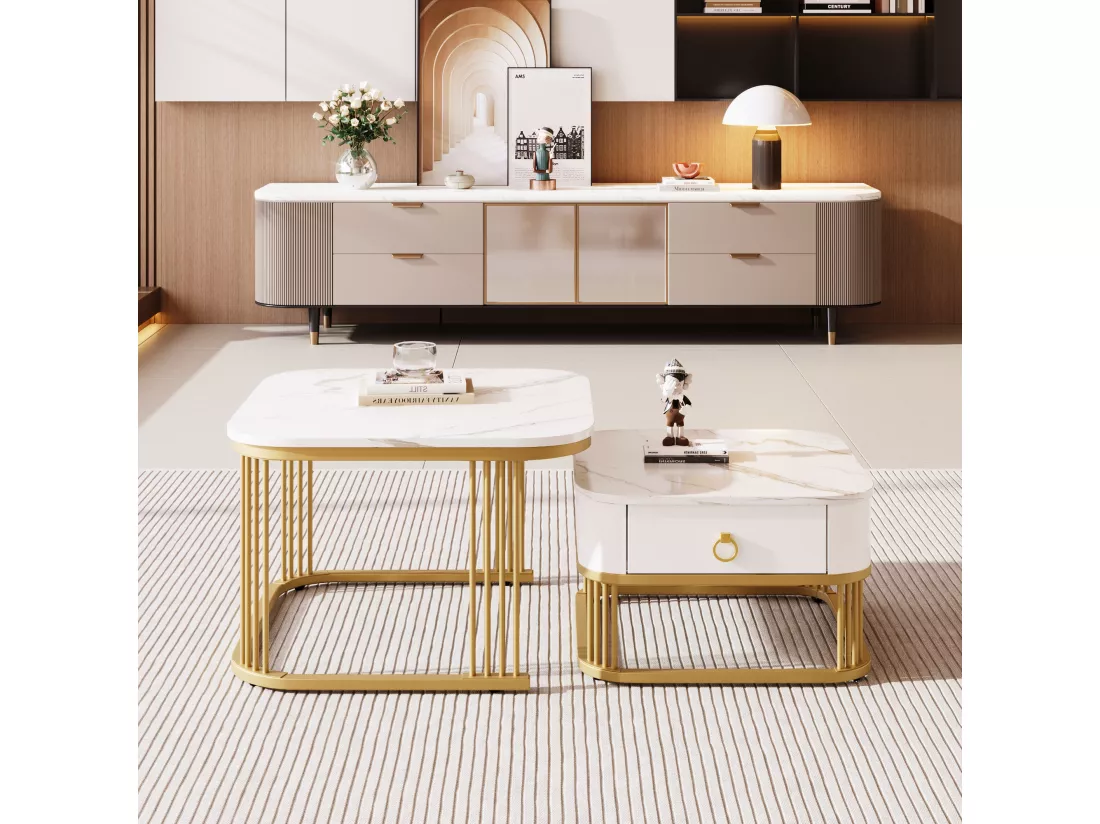 Lot de 2 tables basses gigognes avec 1 tiroirs, table basse carrée - plateaux en aspect marbre - bois et métal - Blanc brillant