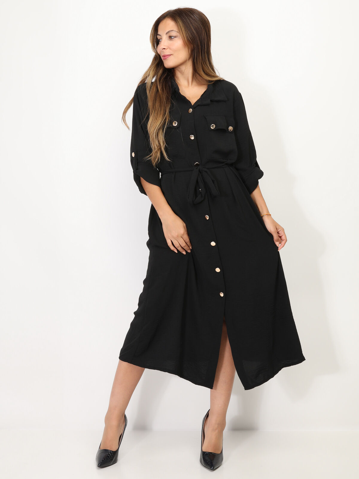 Robe chemise mi-longue à ceinture- Noir