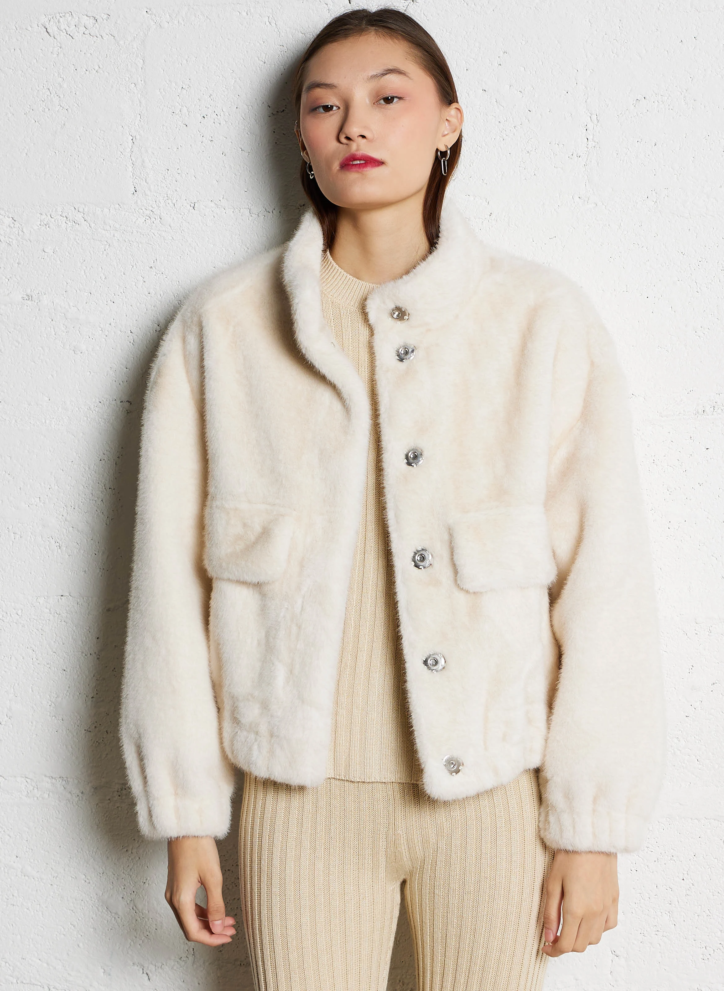 PAROS - Veste ample col montant en fourrure synthétique | Beige