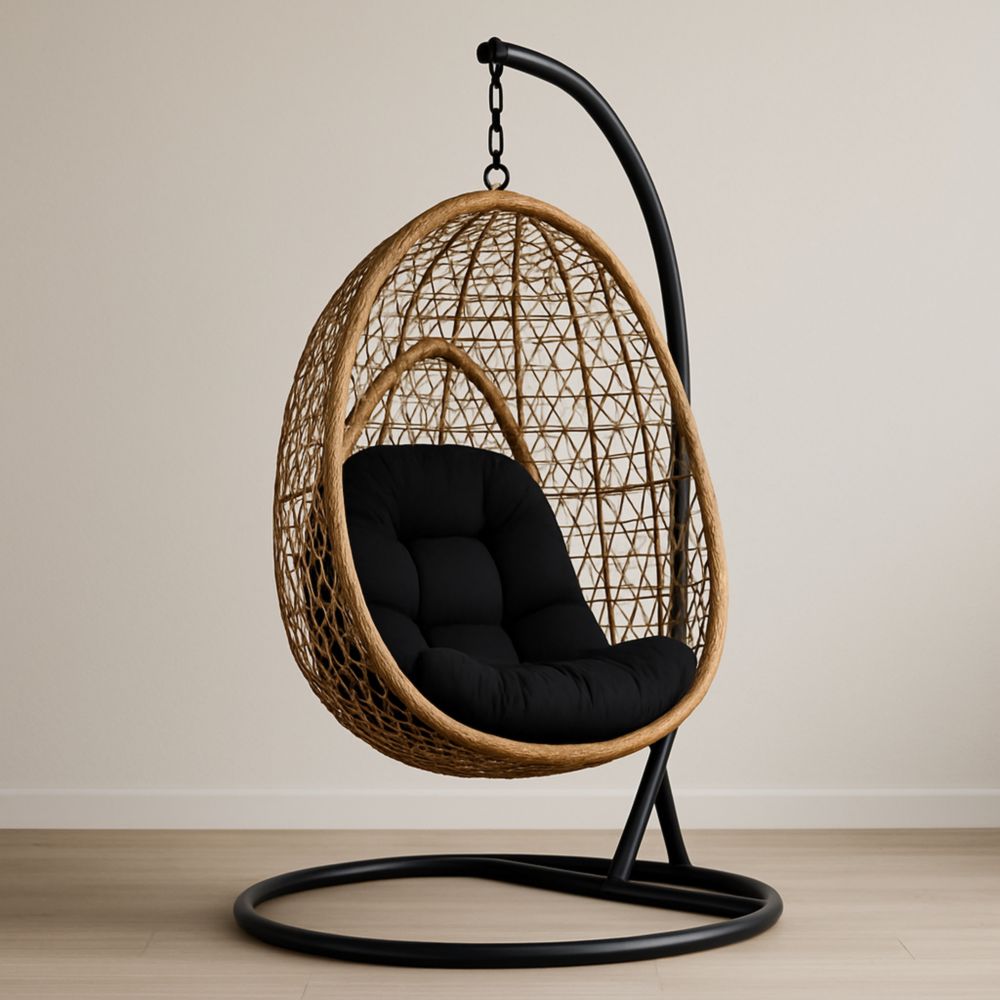 Hängesessel Rattan Ei-Form Natur mit schwarzem Kissen und Stahlgestell