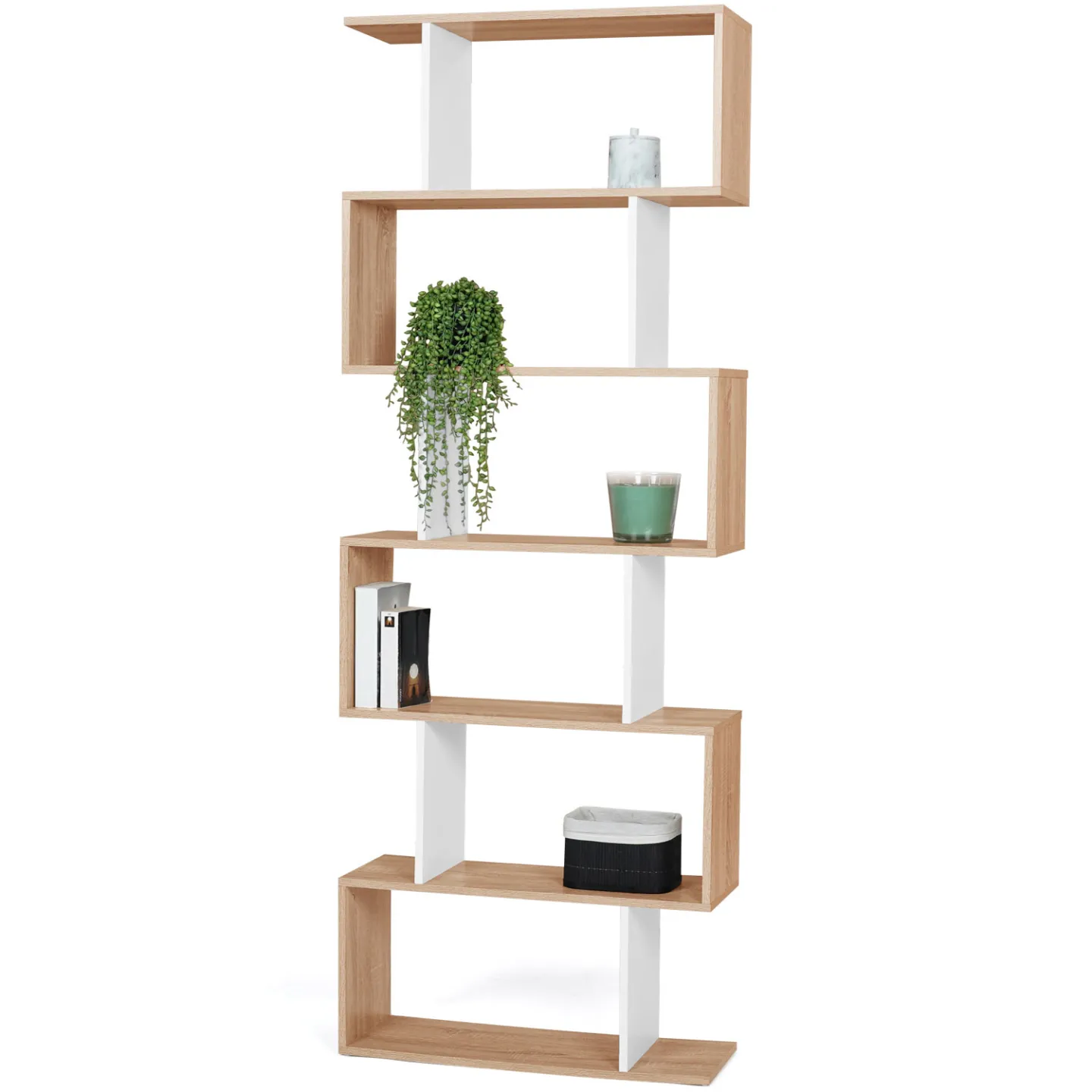 Etagère bibliothèque SOFIA forme S façon hêtre et blanc 189 cm