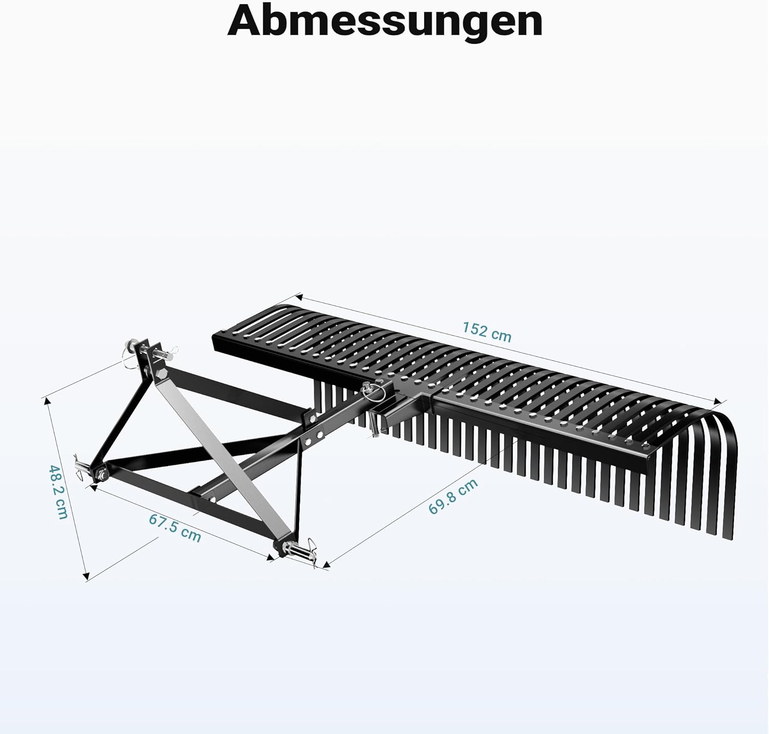 Wiltec Rasentraktor Heuharke mit 152 cm Arbeitsbreite, Heurechen mit 32 Harkenzinken, Rechen mit 3-Punkt-Aufstecksystem mit 360° Drehung