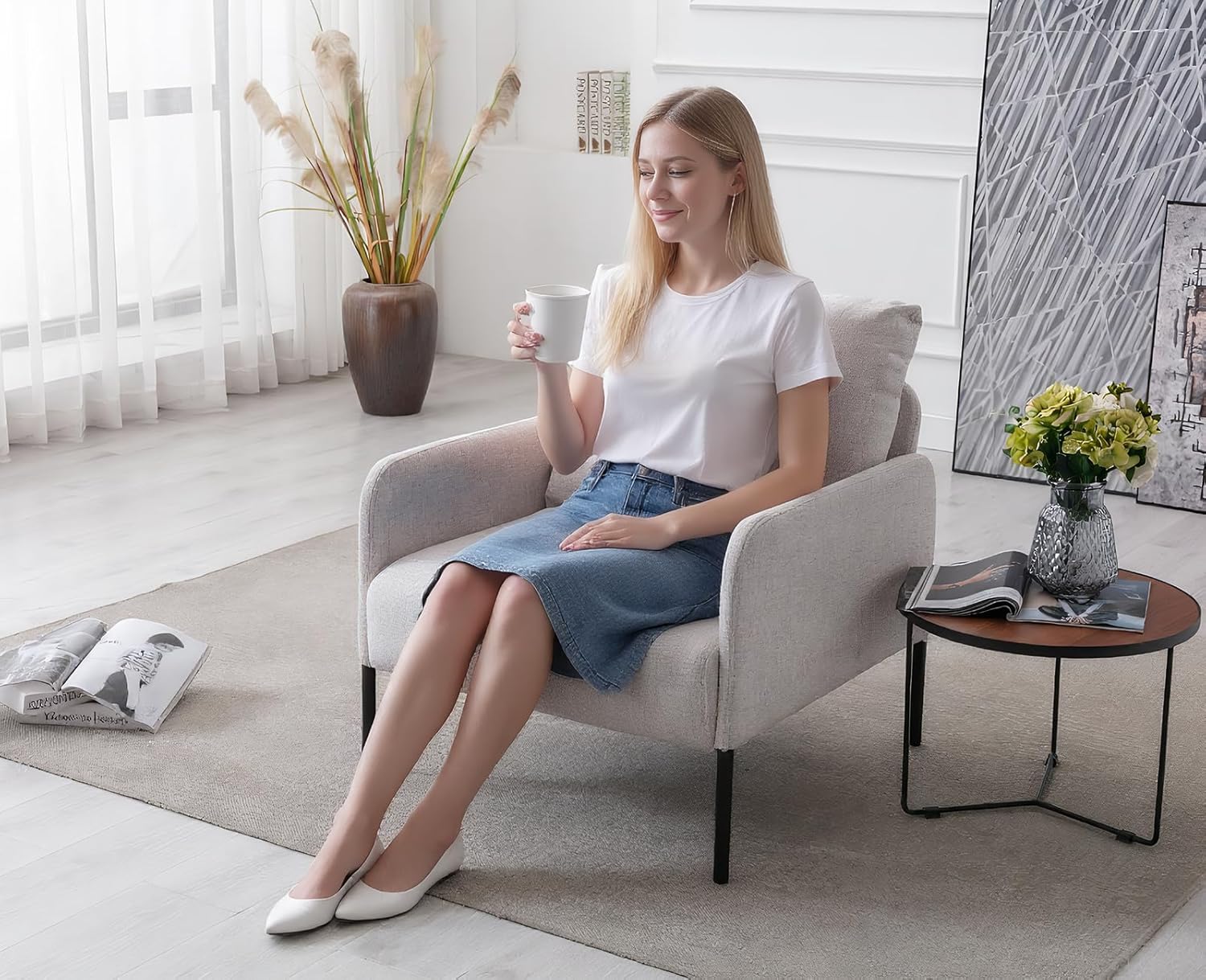 Sofa 1 sitzer Stoffsofa Leinen Einzelsofa mit Armlehnen modernes Polstersofa mit Metallbeinen mini Couch für Wohnzimmer/Schlafzimmer/Büro, Beige
