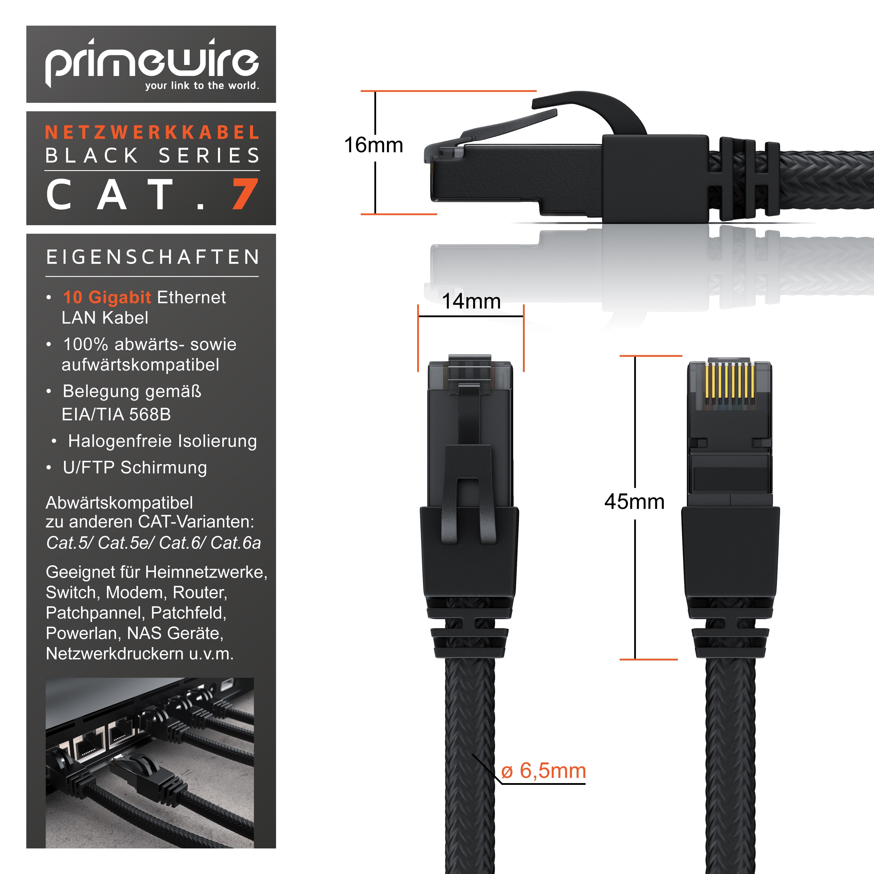 Primewire Patchkabel CAT 7 mit Baumwollummantelung - Gigabit Ethernet LAN Kabel - Black Series - 10 Gbit/s - S/FTP PIMF Schirmung - Netzwerkkabel - 30m