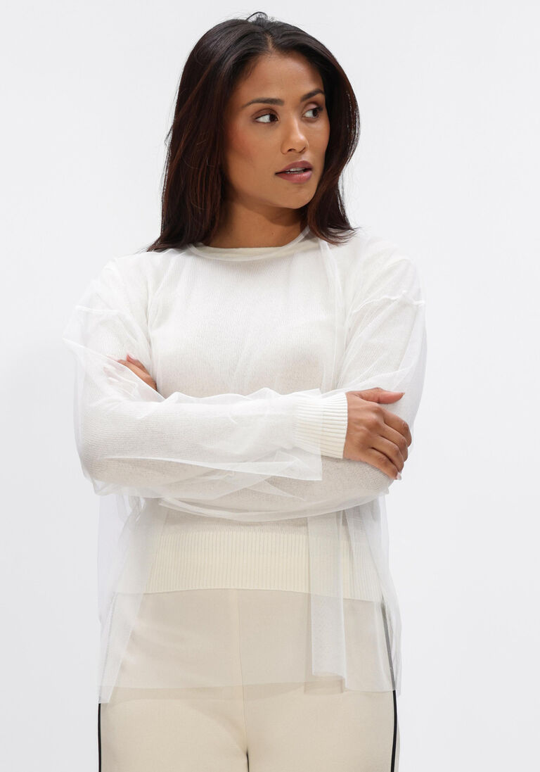 ecru forte forte top wool cashmere gauze knit and tulle t-shirt