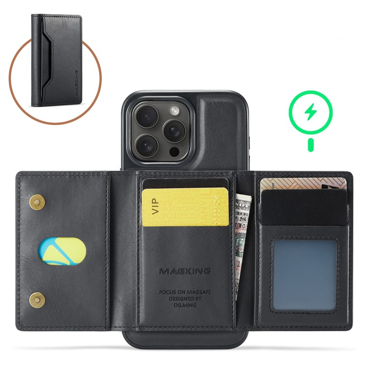iPhone 16 Pro Max MagSafe Leder Hardcase Hülle mit 8 Kartenfächern   Kickstand (RFID Schutz) - Schwarz
