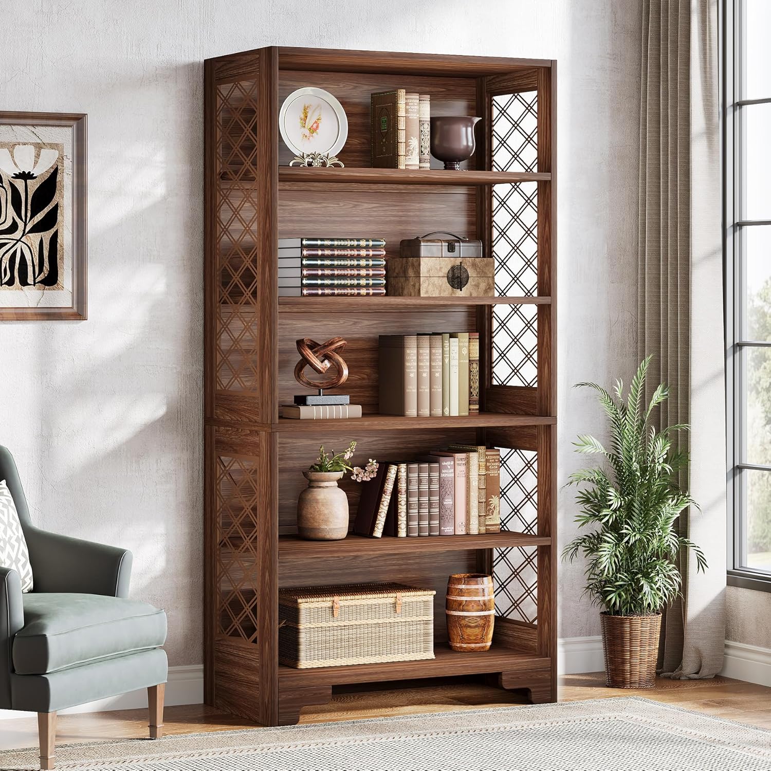 Tribesigns Bücherregal, 180cm hohes Vintage- Standregal, 6-stöckiges Bücherregal Holz,mit offenen Ausstellungsböden, für Wohnzimmer, Heimbüro, Industrie-Design, vintagebraun QO5024745