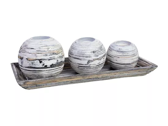 Ensemble plateau et 3 bougeoirs en bois de bambou blanc 33x13x3h cm