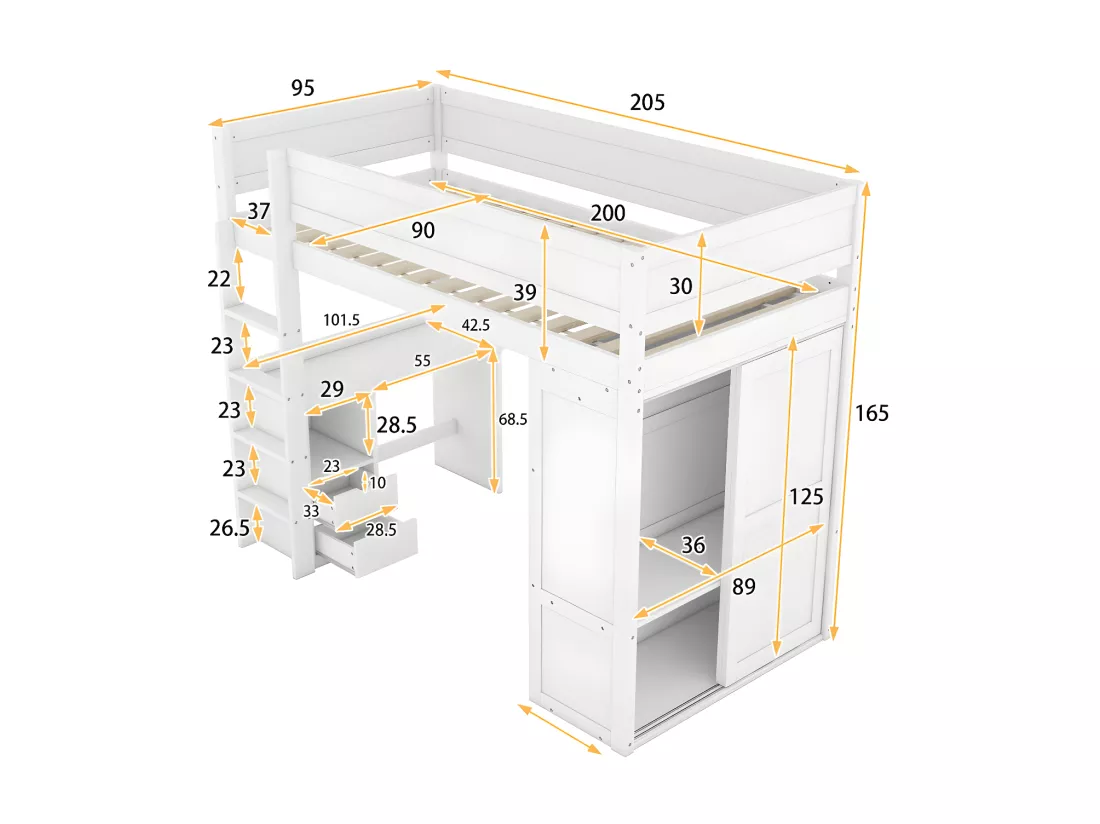 Lit mezzanine 90x200cm - lit enfant multifonctionnel - équipé d'une armoire et un bureau - en pin massif - Blanc