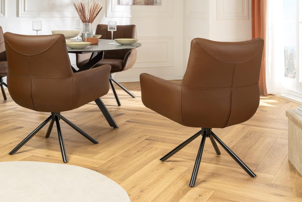 Riess Ambiente Drehbarer Design Stuhl Signature - Cognac - Echtleder 360° Armlehnstuhl mit Federkern schwarzes Metall modern