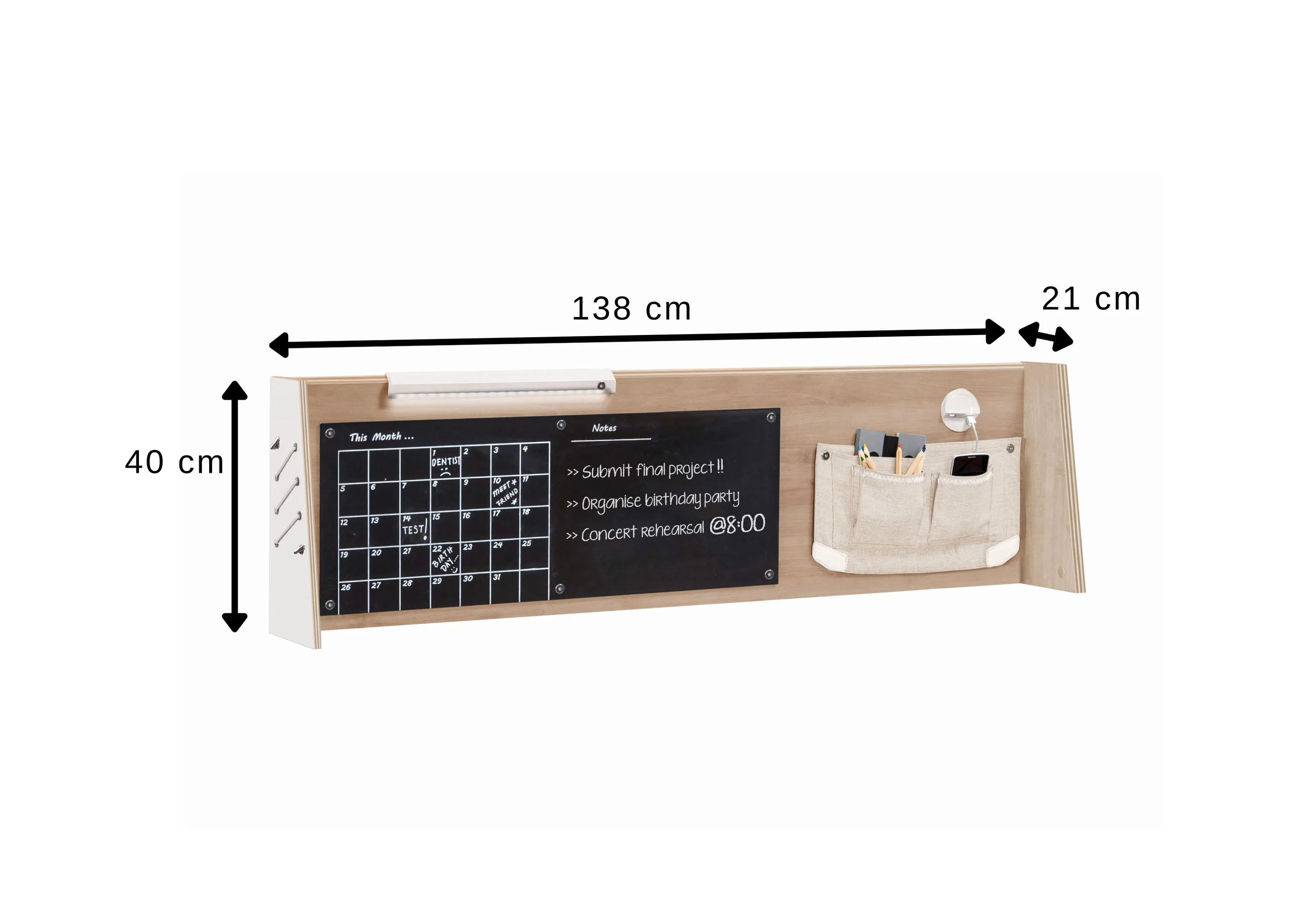 Schreibtisch-Aufsatz mit USB Anschluss, Kreidetafel, Leselampe und Stofftasche für Schulmaterial