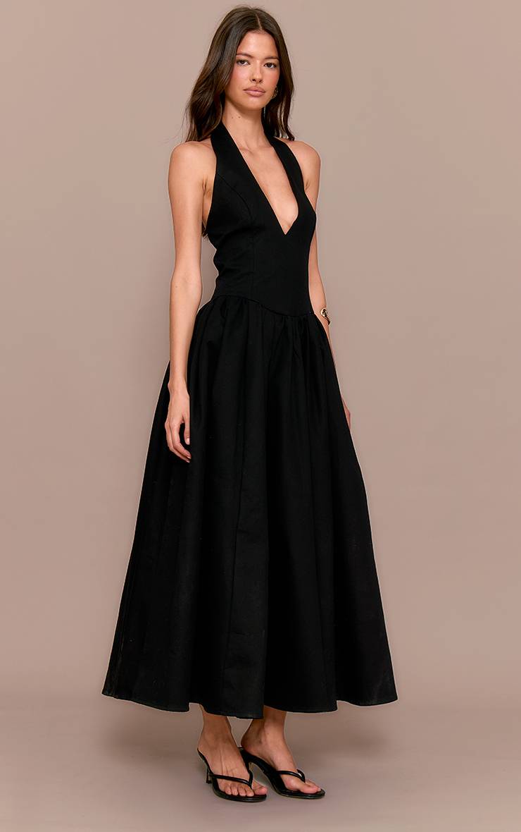 Noir Robe Midaxi À Pois Froncée Avec Col Licou Et Détail Noué