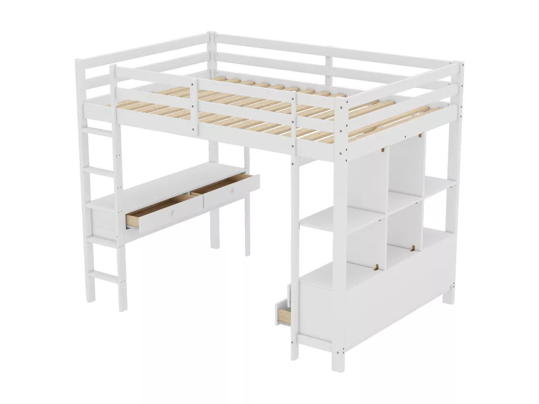 Lit mezzanine 140x200cm en pin massif avec bureau + tiroirs + étagères + sommier à lattes - Blanc