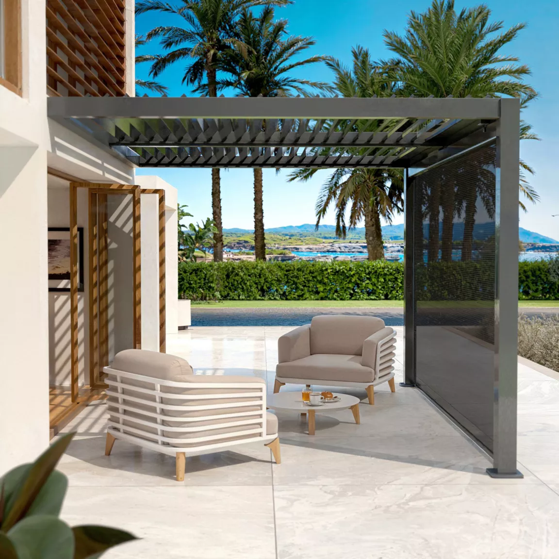 Rideau motorisé pour pergola bioclimatique adossée (3 x 3 m) Gris anthracite