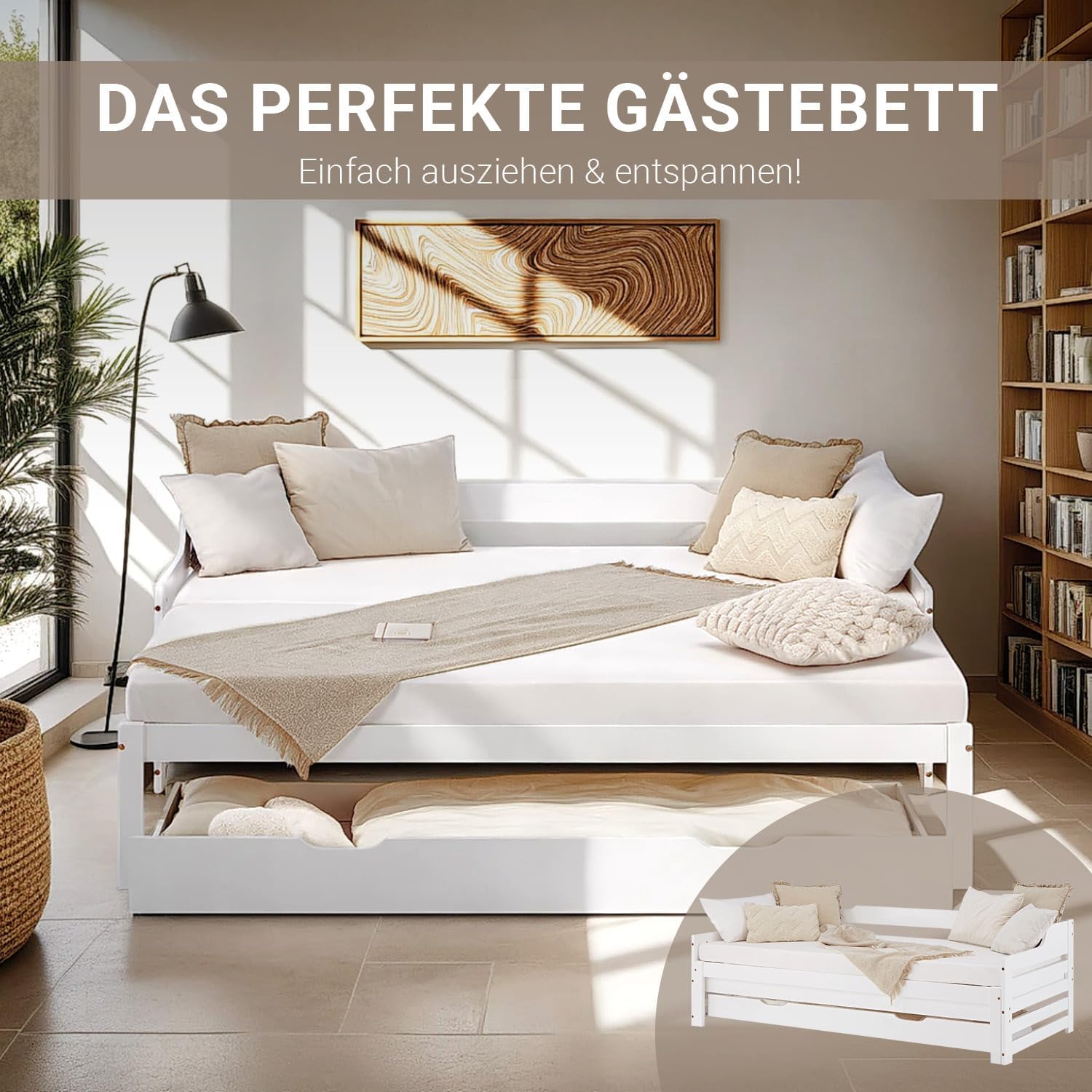 Homestyle4u Kinderbett Einzelbett Holzbett Tagesbett 90x200 ausziehbar Weiß mit Schublade Lattenrost Ausziehbett Kiefer massiv Holz