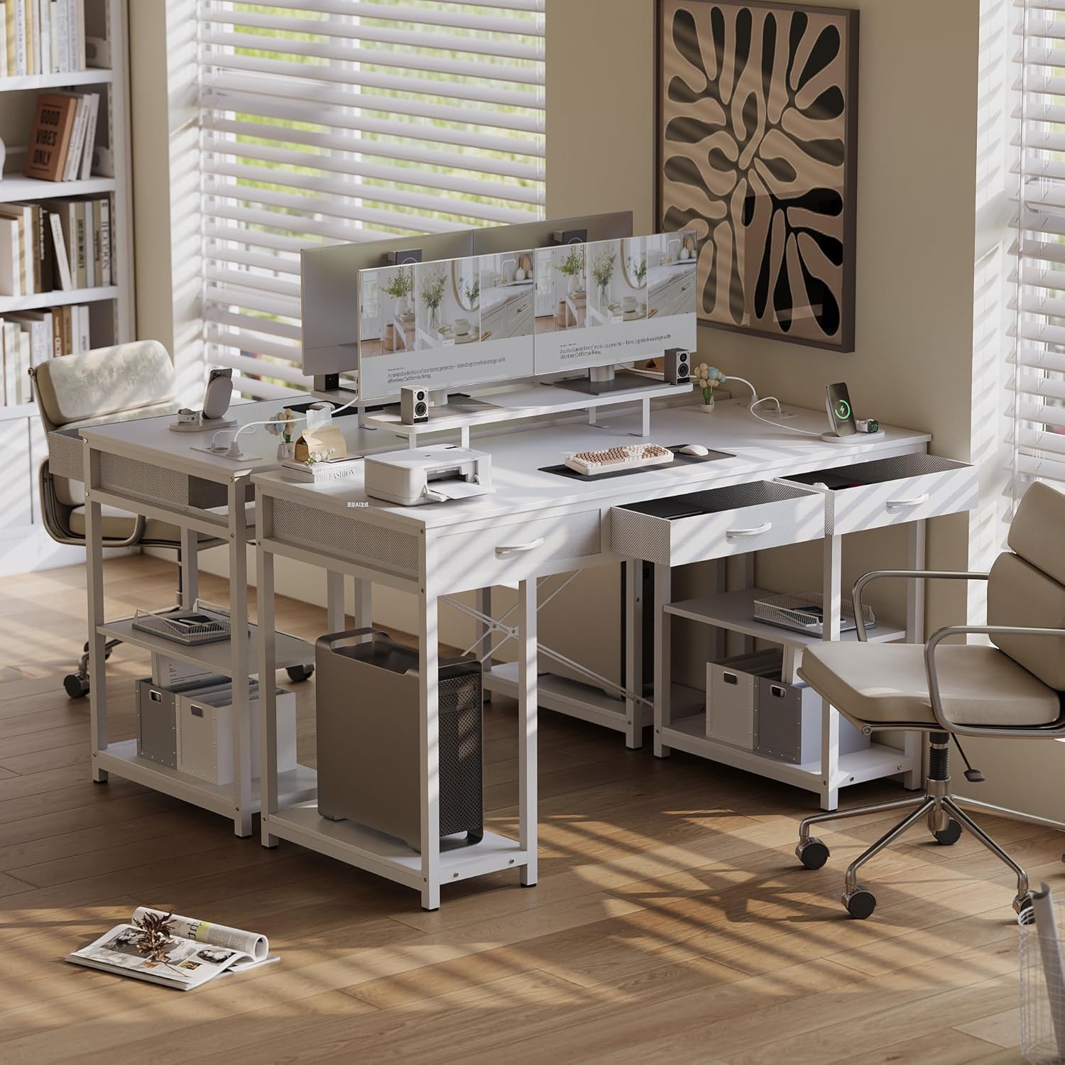 Claiks Computertisch mit 3 Schubladen, 140 x 60 cm Schreibtisch mit Regal, Tisch mit 2 Steckdosen und 2 USB-Ladeanschlüsse, Bürotisch PC-Tisch für Home Office, Wohnzimmer, Weiß