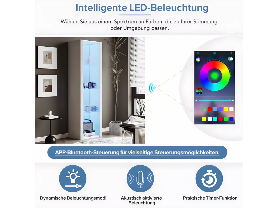 Vitrine blanc laqué brillant avec éclairage LED, 3 étagères en verre, 55*38*166 cm