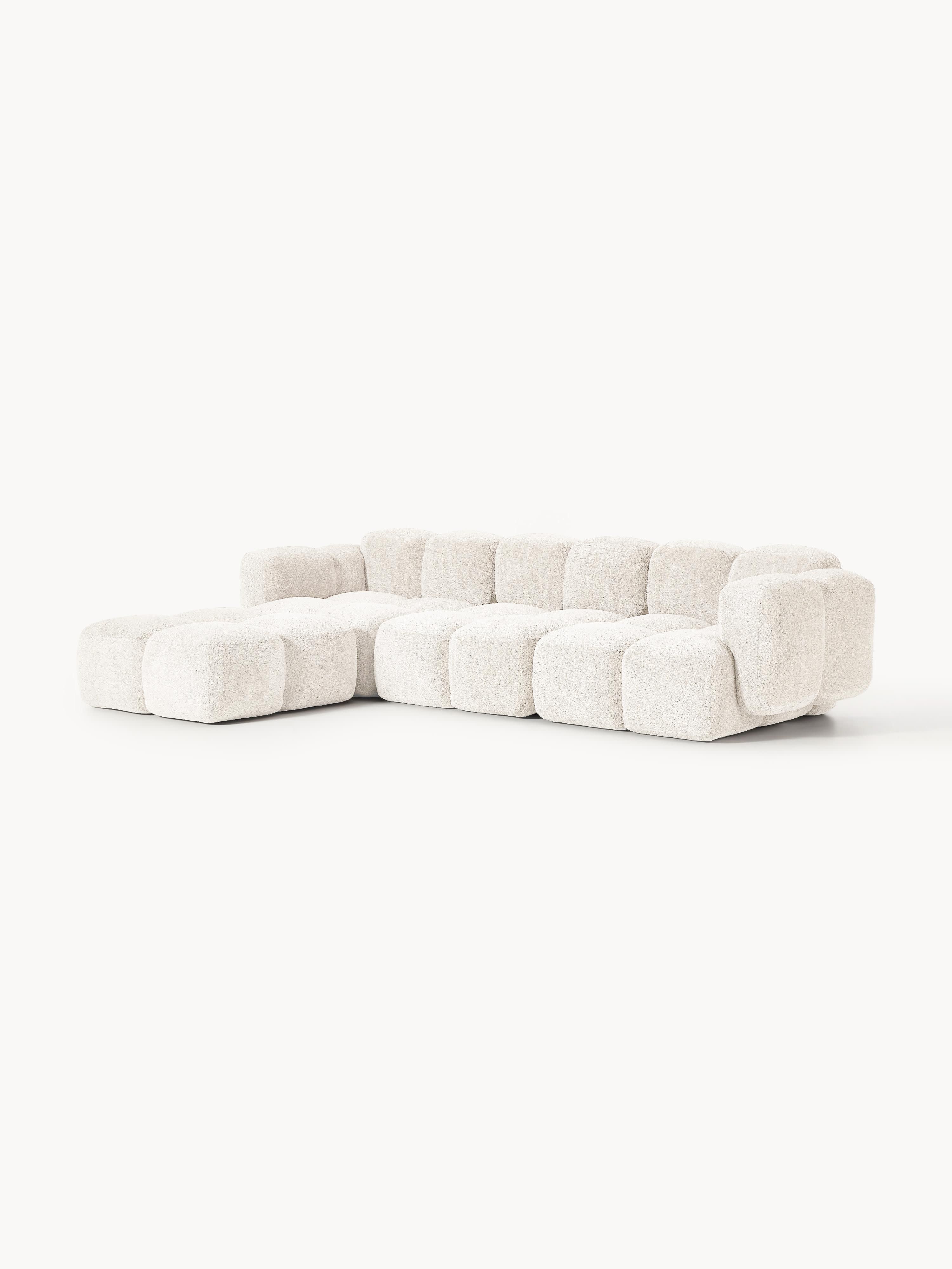 Modulaire bank Tayla (4-zits) van teddy bouclé met poef (links/rechts)