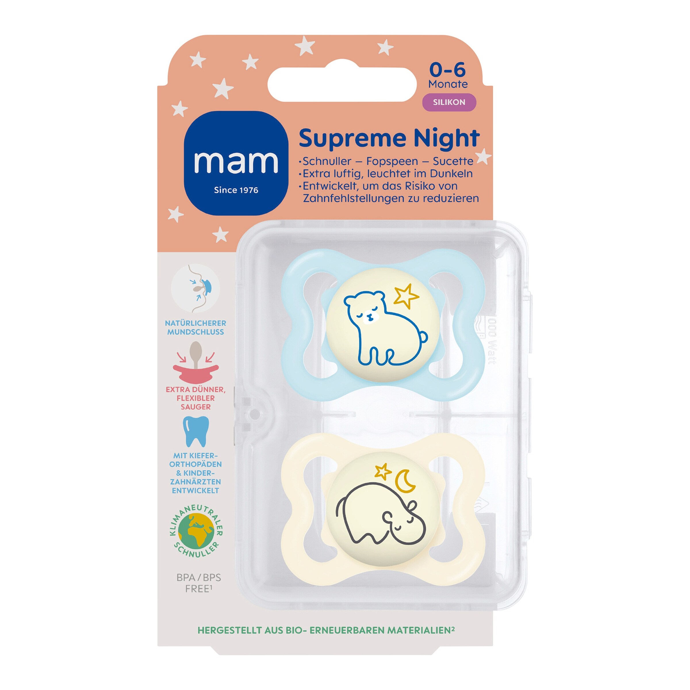 MAM 2er-Pack Schnuller Supreme Night Silikon, 0-6M blue/beige