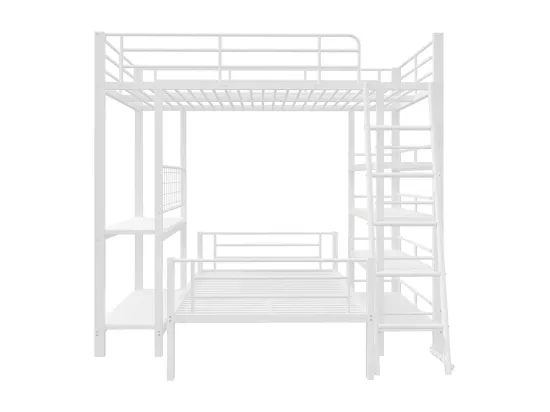 Lit superposé, cadre en métal, lit en mezzanine, 140*200, lit multifonctionnel avec plusieurs compartiments de rangement, blanc
