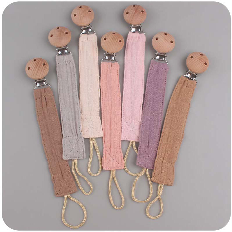 (23cm) Baby Nuggiband Stoff Schnullerkette mit Holz Clip - Pink