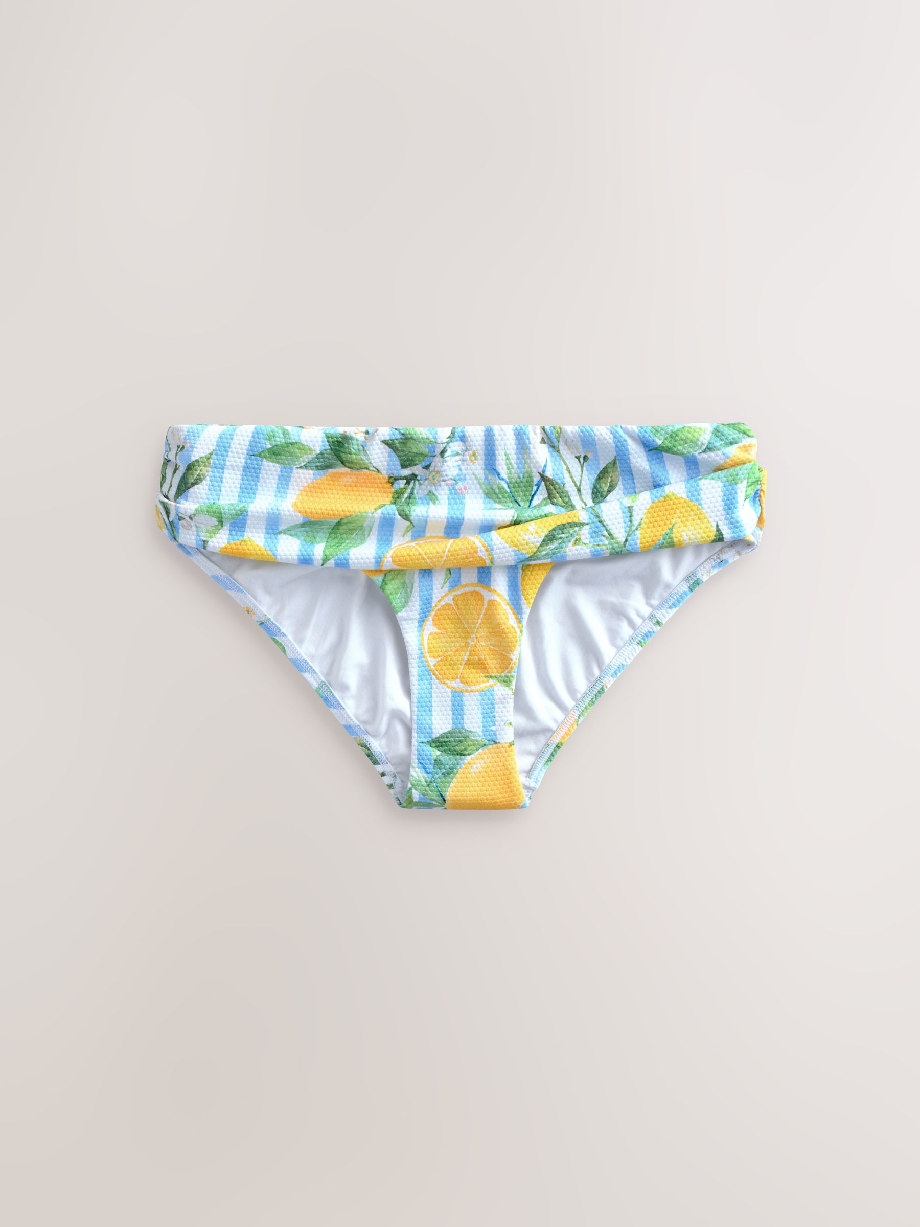 Wit/Blauw Piqué Strepen Citroenprint - Bikinibroekje met omgerolde bovenkant