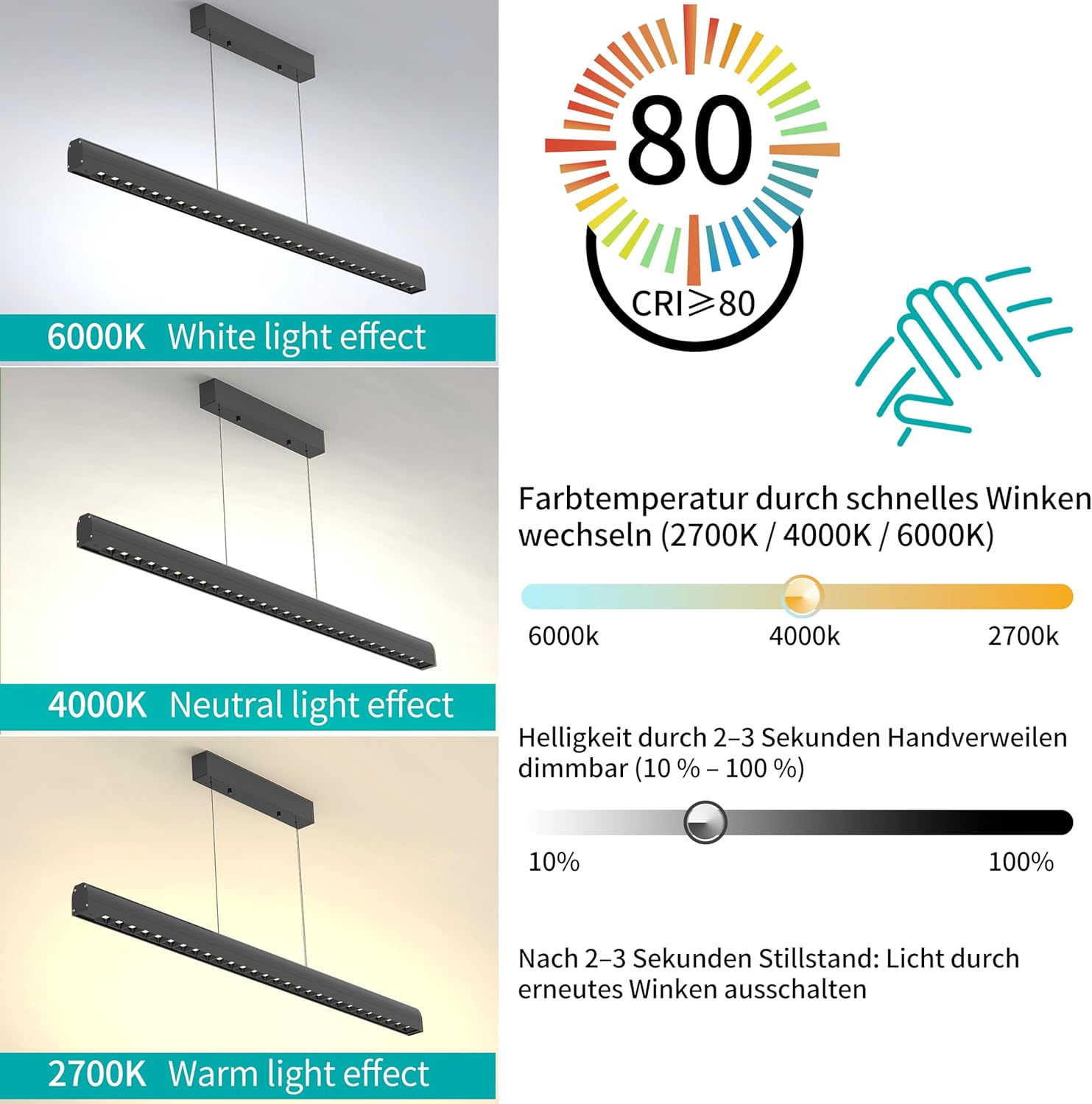 Pendelleuchte Esstisch 120cm, dimmbare Hängelampe mit Gestensteuerung, 10–100% Helligkeit & 3000K/4500K/6500K Farbtemperatur einstellbar, moderne Esstischlampe für Esszimmer, Büro