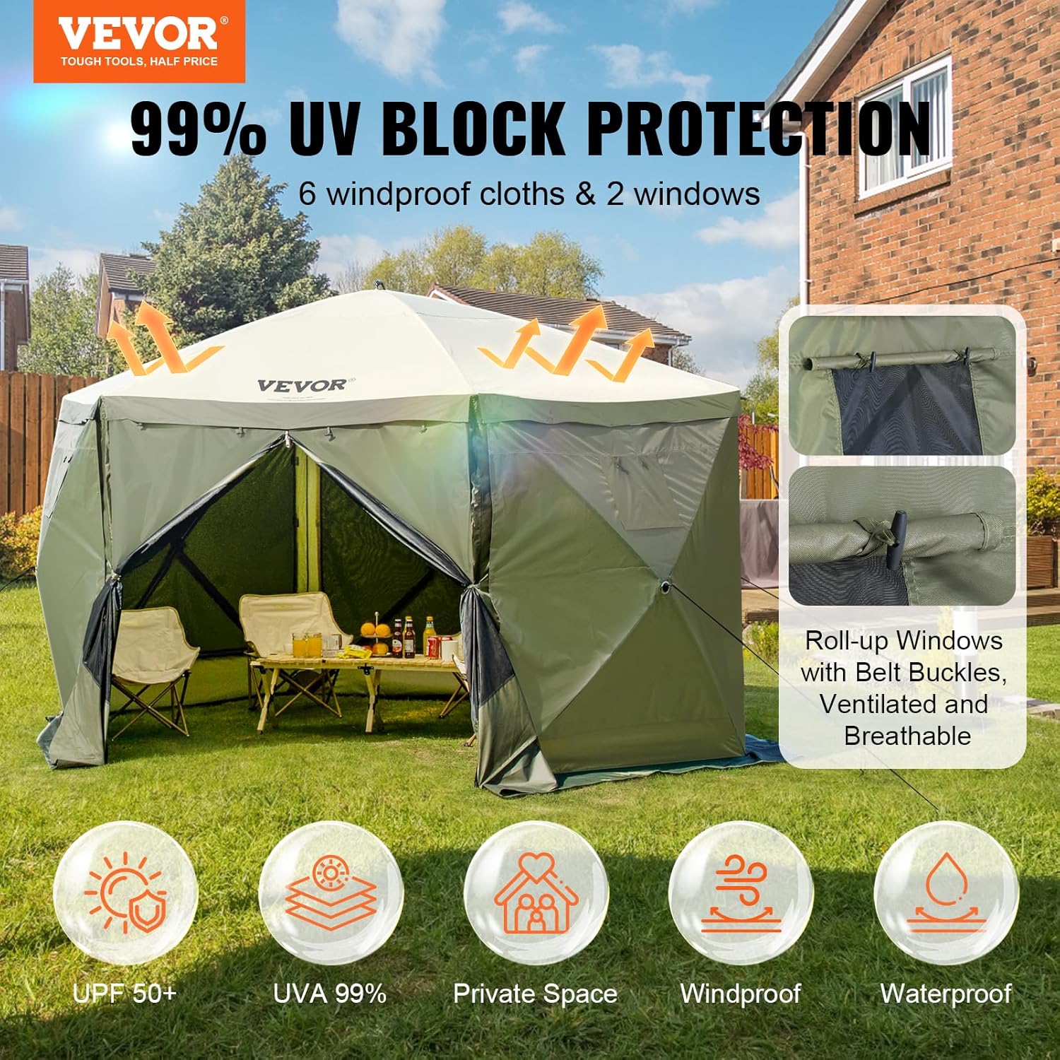 VEVOR Pavillonzelt, Gartenzelt mit 6-seitigem Baldachin, Sonnenschutz mit 6 abnehmbaren Sichtschutz-Windtüchern und Netzfenstern, 3,66 x 3,66 m, Pop up Zelt mit Moskitonetz, Grün