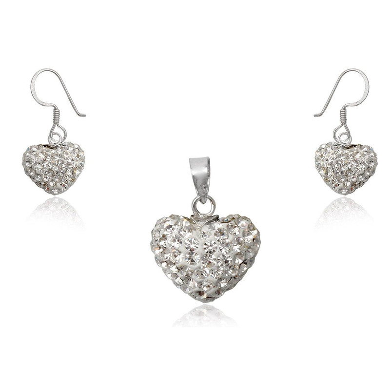 Parure Femme Coeurs Pendentif et Boucles d'oreilles en Cristal Blanc et Argent 925/1000