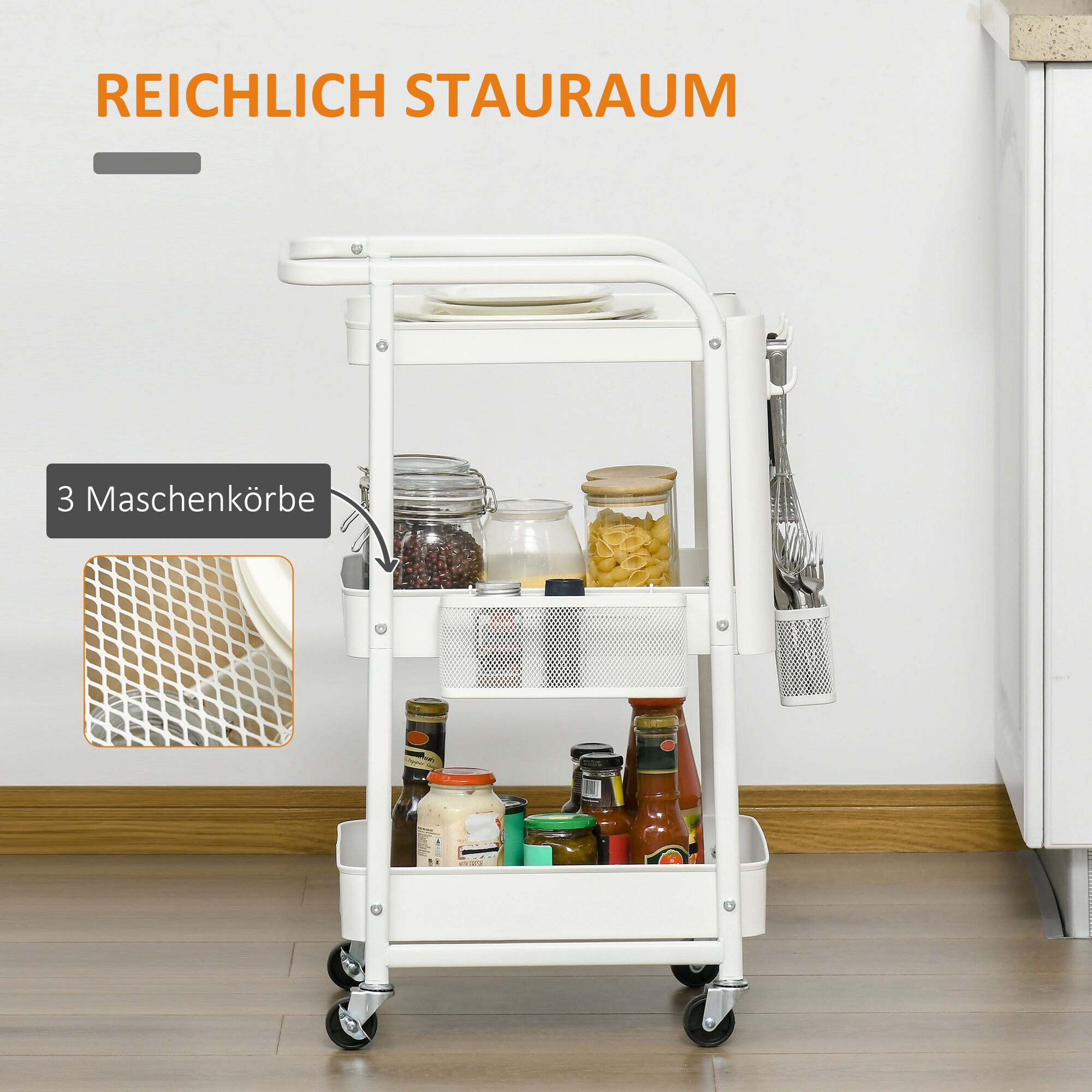 HOMCOM Küchenwagen mit 4 Universalräder weiß 51,5L x 32B x 75,6H cm